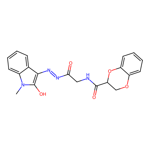 (Z)-N-(2-(2-(1-methyl-2-oxoindolin-3-ylidene)hydrazinyl)-2-oxoethyl)-2,3-dihydrobenzo[b][1,4]dioxine-2-carboxamide structure