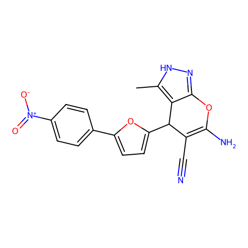 6-amino-3-methyl-4-(5-(4-nitrophenyl)furan-2-yl)-1,4-dihydropyrano[2,3-c]pyrazole-5-carbonitrile structure