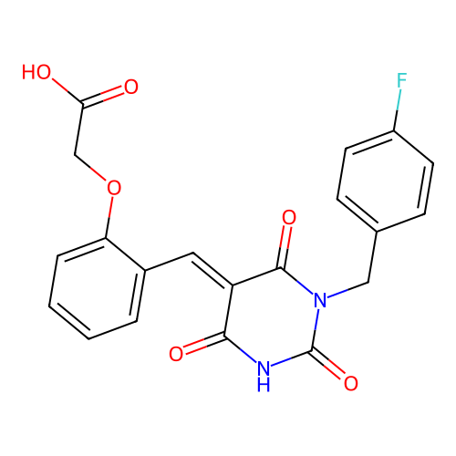 (E)-2-(2-((1-(4-fluorobenzyl)-2,4,6-trioxotetrahydropyrimidin-5(2H)-ylidene)methyl)phenoxy)acetic acid structure