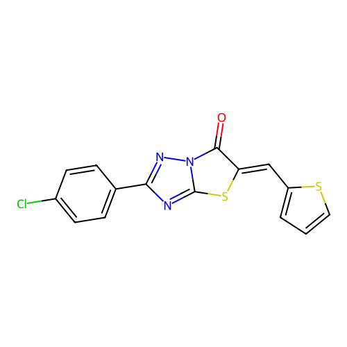 (Z)-2-(4-chlorophenyl)-5-(thiophen-2-ylmethylene)thiazolo[3,2-b][1,2,4]triazol-6(5H)-one structure