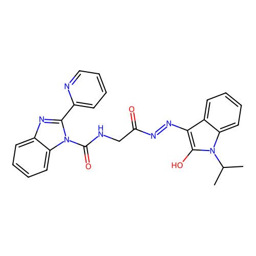 (Z)-N-(2-(2-(1-isopropyl-2-oxoindolin-3-ylidene)hydrazinyl)-2-oxoethyl)-2-(pyridin-2-yl)-1H-benzo[d]imidazole-1-carboxamide structure