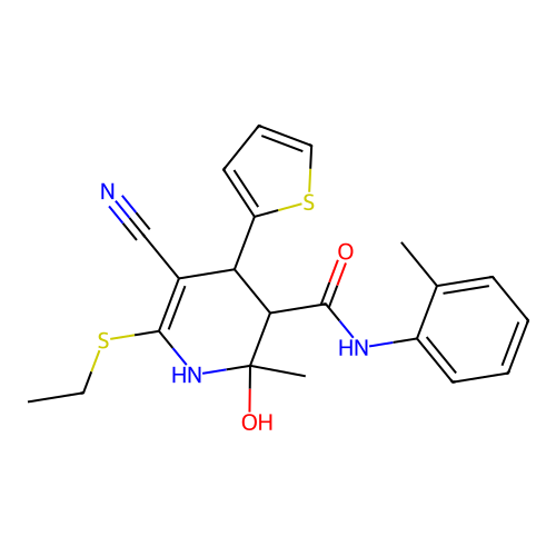 5-cyano-6-(ethylthio)-2-hydroxy-2-methyl-4-(thiophen-2-yl)-N-(o-tolyl)-1,2,3,4-tetrahydropyridine-3-carboxamide structure