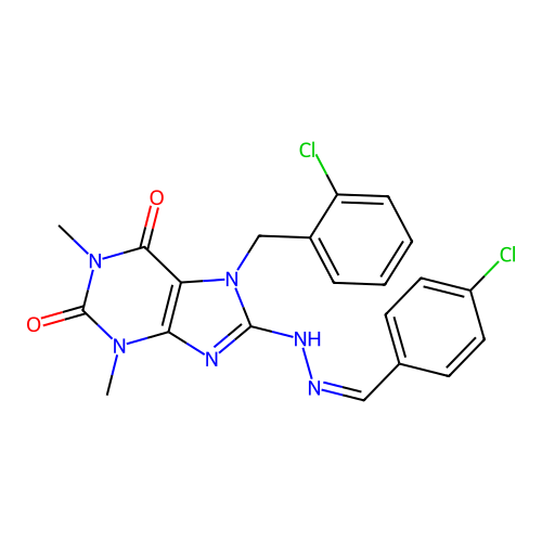7-[(2-chlorophenyl)methyl]-8-[(2Z)-2-[(4-chlorophenyl)methylidene]hydrazinyl]-1,3-dimethylpurine-2,6-dione structure