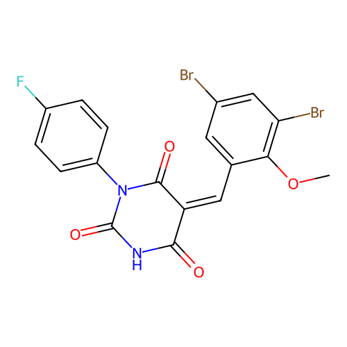 (5Z)-5-(3,5-dibromo-2-methoxybenzylidene)-3-(4-fluorophenyl)-6-hydroxypyrimidine-2,4(3H,5H)-dione structure