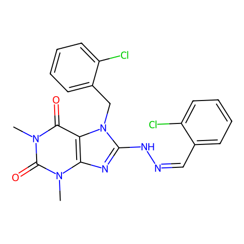 7-[(2-chlorophenyl)methyl]-8-[(2Z)-2-[(2-chlorophenyl)methylidene]hydrazinyl]-1,3-dimethylpurine-2,6-dione structure