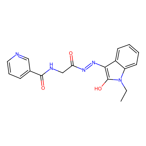 (Z)-N-(2-(2-(1-ethyl-2-oxoindolin-3-ylidene)hydrazinyl)-2-oxoethyl)nicotinamide structure