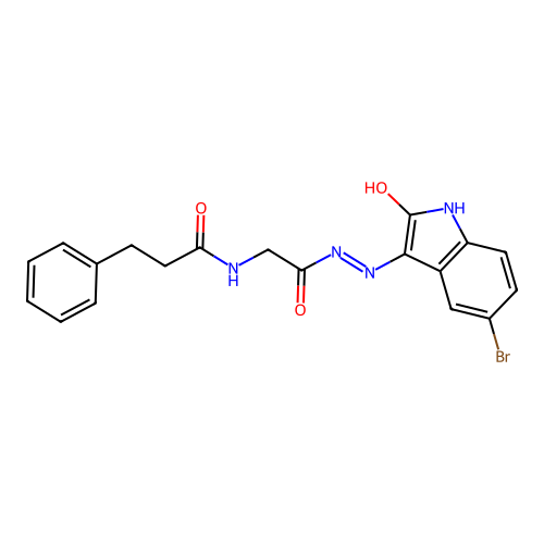 N-[[(5-bromo-2-oxo-indol-3-yl)amino]carbamoylmethyl]-3-phenyl-propanamide structure