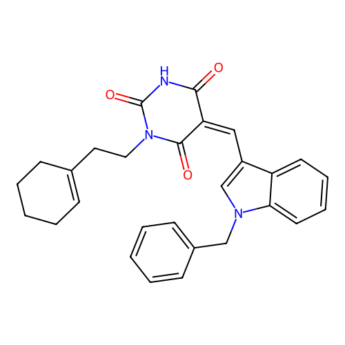 (5Z)-5-[(1-benzyl-1H-indol-3-yl)methylidene]-1-[2-(cyclohex-1-en-1-yl)ethyl]pyrimidine-2,4,6(1H,3H,5H)-trione structure