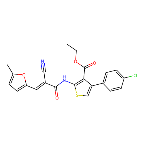 (E)-ethyl 4-(4-chlorophenyl)-2-(2-cyano-3-(5-methylfuran-2-yl)acrylamido)thiophene-3-carboxylate structure