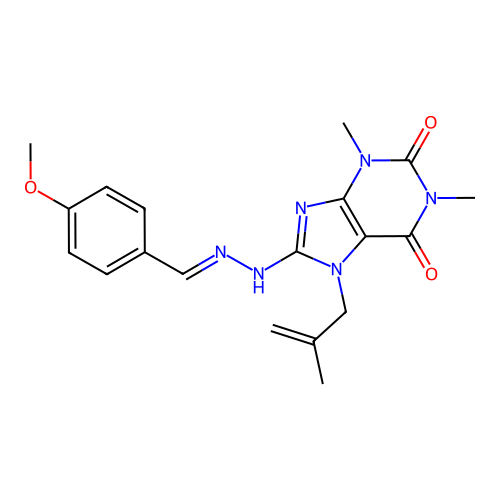 (E)-8-(2-(4-methoxybenzylidene)hydrazinyl)-1,3-dimethyl-7-(2-methylallyl)-1H-purine-2,6(3H,7H)-dione structure