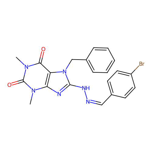 7-benzyl-8-[(2Z)-2-[(4-bromophenyl)methylidene]hydrazinyl]-1,3-dimethylpurine-2,6-dione structure