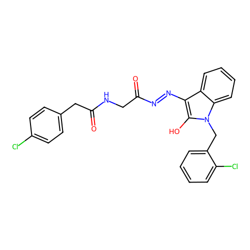 (Z)-N-(2-(2-(1-(2-chlorobenzyl)-2-oxoindolin-3-ylidene)hydrazinyl)-2-oxoethyl)-2-(4-chlorophenyl)acetamide structure