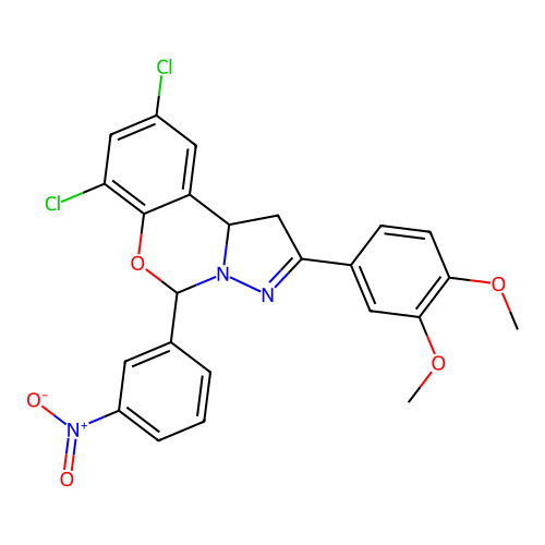 7,9-dichloro-2-(3,4-dimethoxyphenyl)-5-(3-nitrophenyl)-1,10b-dihydropyrazolo[1,5-c][1,3]benzoxazine structure