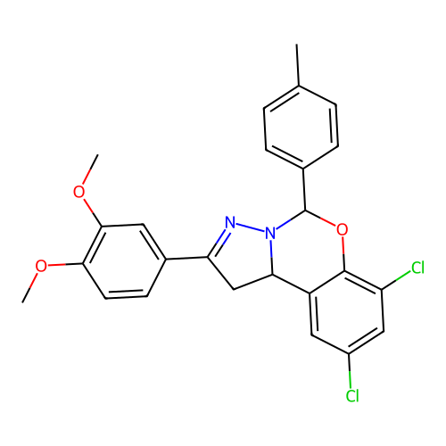 7,9-dichloro-2-(3,4-dimethoxyphenyl)-5-(4-methylphenyl)-1,10b-dihydropyrazolo[1,5-c][1,3]benzoxazine structure