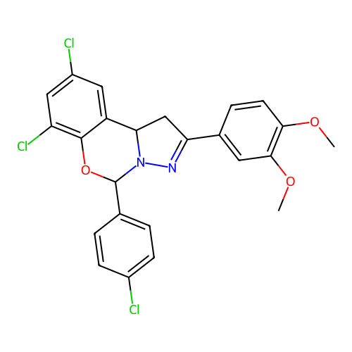 7,9-dichloro-5-(4-chlorophenyl)-2-(3,4-dimethoxyphenyl)-1,10b-dihydropyrazolo[1,5-c][1,3]benzoxazine structure