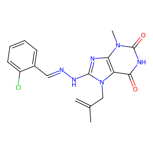 2-chlorobenzaldehyde [3-methyl-7-(2-methyl-2-propenyl)-2,6-dioxo-2,3,6,7-tetrahydro-1H-purin-8-yl]hydrazone structure