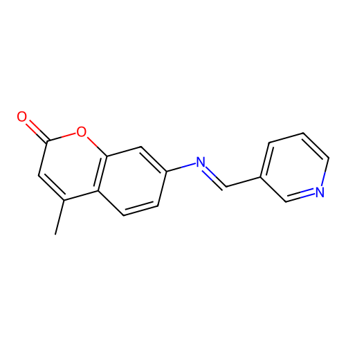 (E)-4-methyl-7-((pyridin-3-ylmethylene)amino)-2H-chromen-2-one structure