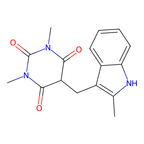 1,3-dimethyl-5-((2-methyl-1H-indol-3-yl)methyl)pyrimidine-2,4,6(1H,3H,5H)-trione structure