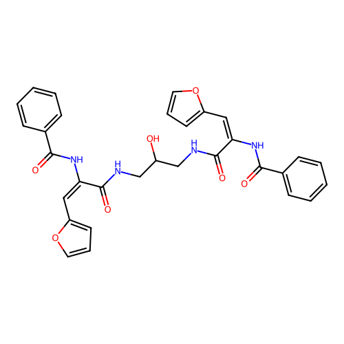 N,N'-((1E,1'E)-((2-hydroxypropane-1,3-diyl)bis(azanediyl))bis(1-(furan-2-yl)-3-oxoprop-1-ene-3,2-diyl))dibenzamide structure