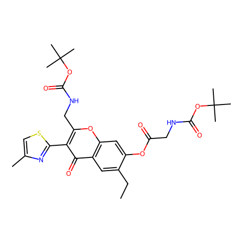 2-(((tert-butoxycarbonyl)amino)methyl)-6-ethyl-3-(4-methylthiazol-2-yl)-4-oxo-4H-chromen-7-yl 2-((tert-butoxycarbonyl)amino)acetate structure