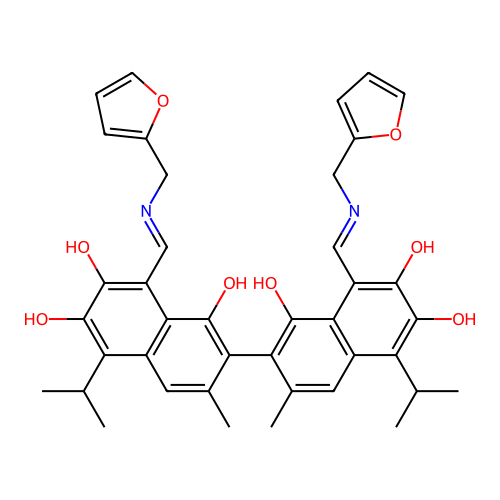 (1Z)-1-[(furan-2-ylmethylamino)methylidene]-7-[(8Z)-8-[(furan-2-ylmethylamino)methylidene]-1,6-dihydroxy-3-methyl-7-oxo-5-propan-2-ylnaphthalen-2-yl]-3,8-dihydroxy-6-methyl-4-propan-2-ylnaphthalen-2-one structure