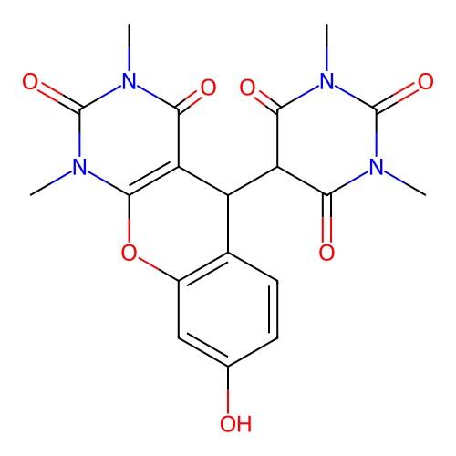 5-(8-hydroxy-1,3-dimethyl-2,4-dioxo-2,3,4,5-tetrahydro-1H-chromeno[2,3-d]pyrimidin-5-yl)-1,3-dimethylpyrimidine-2,4,6(1H,3H,5H)-trione structure
