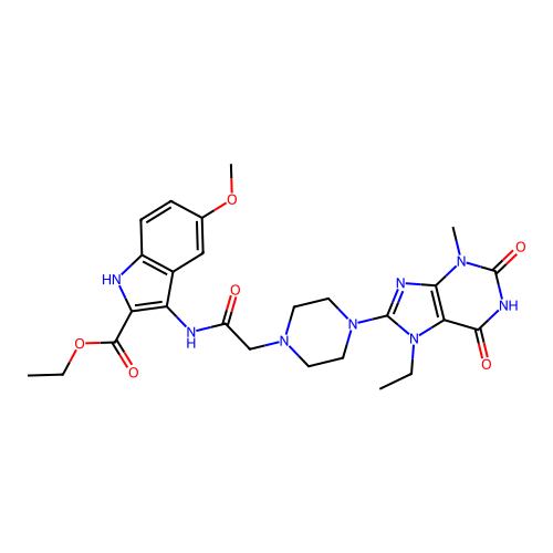 ethyl 3-(2-(4-(7-ethyl-3-methyl-2,6-dioxo-2,3,6,7-tetrahydro-1H-purin-8-yl)piperazin-1-yl)acetamido)-5-methoxy-1H-indole-2-carboxylate structure