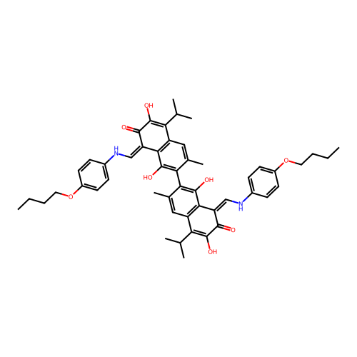(1Z)-1-[(4-butoxyanilino)methylidene]-7-[(8Z)-8-[(4-butoxyanilino)methylidene]-1,6-dihydroxy-3-methyl-7-oxo-5-propan-2-ylnaphthalen-2-yl]-3,8-dihydroxy-6-methyl-4-propan-2-ylnaphthalen-2-one structure