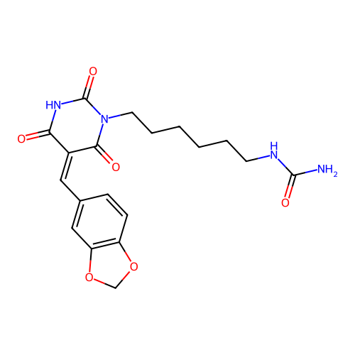 6-[(5Z)-5-(1,3-benzodioxol-5-ylmethylidene)-2,4,6-trioxo-1,3-diazinan-1-yl]hexylurea structure