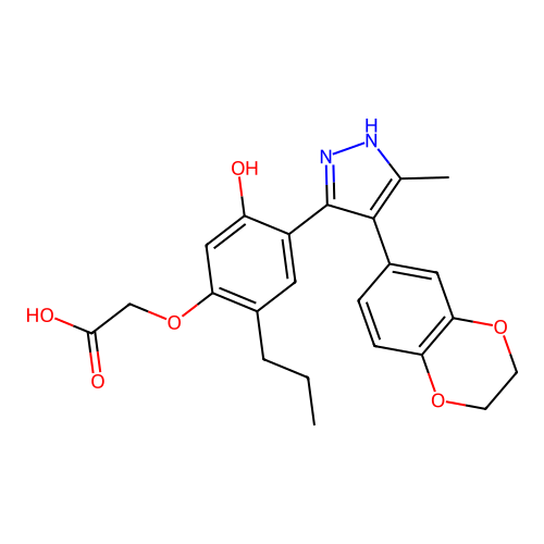 2-[(4E)-4-[4-(2,3-dihydro-1,4-benzodioxin-6-yl)-5-methyl-1,2-dihydropyrazol-3-ylidene]-3-oxo-6-propylcyclohexa-1,5-dien-1-yl]oxyacetic acid structure
