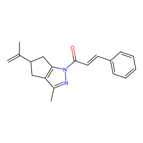 (2E)-1-[3-methyl-5-(prop-1-en-2-yl)-5,6-dihydrocyclopenta[c]pyrazol-1(4H)-yl]-3-phenylprop-2-en-1-one structure