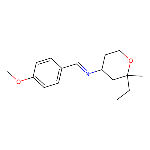 (E)-2-ethyl-N-(4-methoxybenzylidene)-2-methyltetrahydro-2H-pyran-4-amine structure