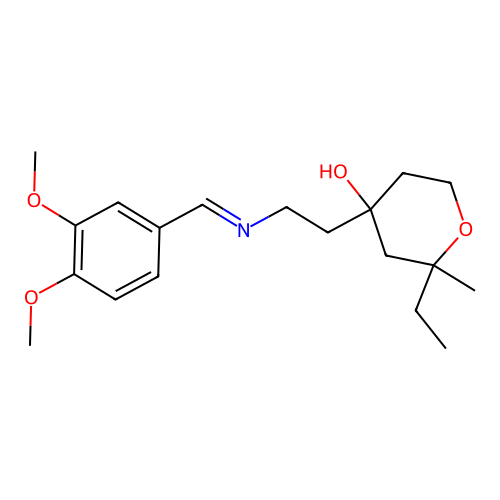 (E)-4-(2-((3,4-dimethoxybenzylidene)amino)ethyl)-2-ethyl-2-methyltetrahydro-2H-pyran-4-ol structure