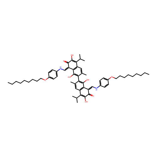 (1Z)-7-[(8Z)-1,6-dihydroxy-3-methyl-8-[(4-nonoxyanilino)methylidene]-7-oxo-5-propan-2-ylnaphthalen-2-yl]-3,8-dihydroxy-6-methyl-1-[(4-nonoxyanilino)methylidene]-4-propan-2-ylnaphthalen-2-one structure