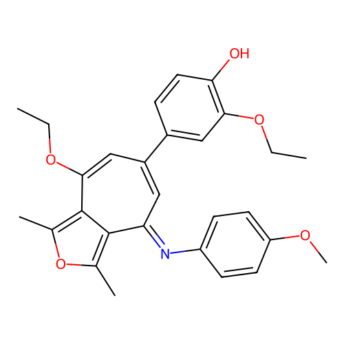 (E)-2-ethoxy-4-(8-ethoxy-4-((4-methoxyphenyl)imino)-1,3-dimethyl-4H-cyclohepta[c]furan-6-yl)phenol structure