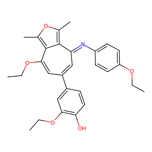 (E)-2-ethoxy-4-(8-ethoxy-4-((4-ethoxyphenyl)imino)-1,3-dimethyl-4H-cyclohepta[c]furan-6-yl)phenol structure