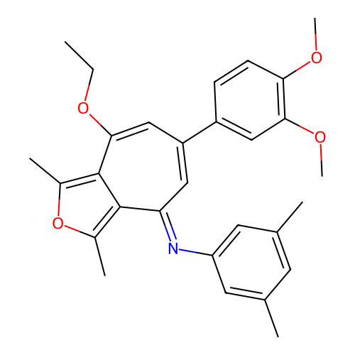 (E)-N-(6-(3,4-dimethoxyphenyl)-8-ethoxy-1,3-dimethyl-4H-cyclohepta[c]furan-4-ylidene)-3,5-dimethylaniline structure