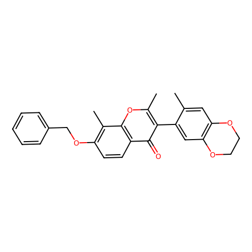 2,8-dimethyl-3-(7-methyl-2,3-dihydro-1,4-benzodioxin-6-yl)-7-phenylmethoxychromen-4-one structure