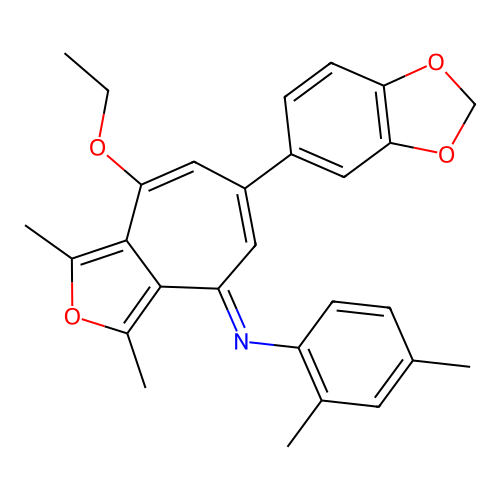 (E)-N-(6-(benzo[d][1,3]dioxol-5-yl)-8-ethoxy-1,3-dimethyl-4H-cyclohepta[c]furan-4-ylidene)-2,4-dimethylaniline structure