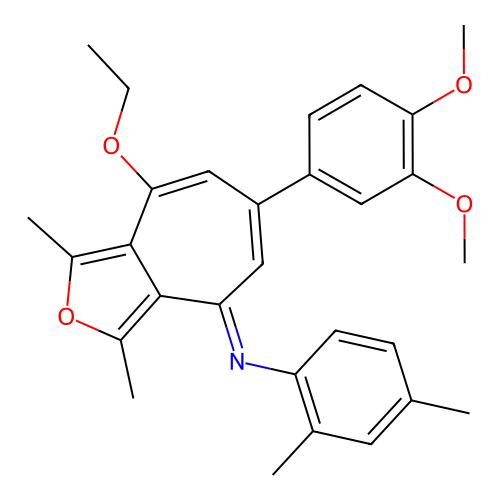 (E)-N-(6-(3,4-dimethoxyphenyl)-8-ethoxy-1,3-dimethyl-4H-cyclohepta[c]furan-4-ylidene)-2,4-dimethylaniline structure