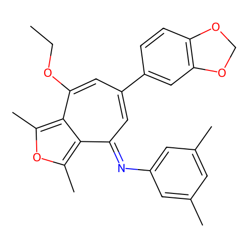 (E)-N-(6-(benzo[d][1,3]dioxol-5-yl)-8-ethoxy-1,3-dimethyl-4H-cyclohepta[c]furan-4-ylidene)-3,5-dimethylaniline structure