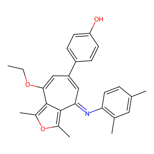 (E)-4-(4-((2,4-dimethylphenyl)imino)-8-ethoxy-1,3-dimethyl-4H-cyclohepta[c]furan-6-yl)phenol structure