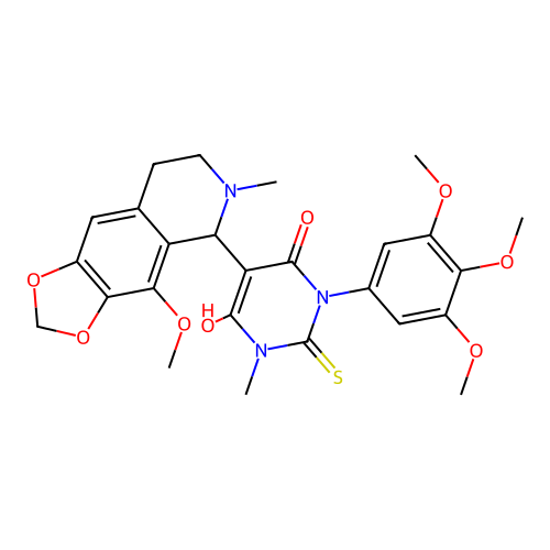 6-hydroxy-5-(4-methoxy-6-methyl-5,6,7,8-tetrahydro-[1,3]dioxolo[4,5-g]isoquinolin-5-yl)-3-methyl-2-thioxo-1-(3,4,5-trimethoxyphenyl)-2,3-dihydropyrimidin-4(1H)-one structure