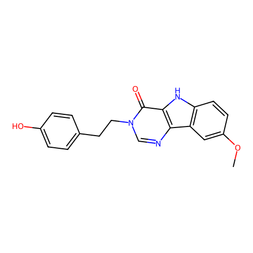 3-(4-hydroxyphenethyl)-8-methoxy-3H-pyrimido[5,4-b]indol-4(5H)-one structure
