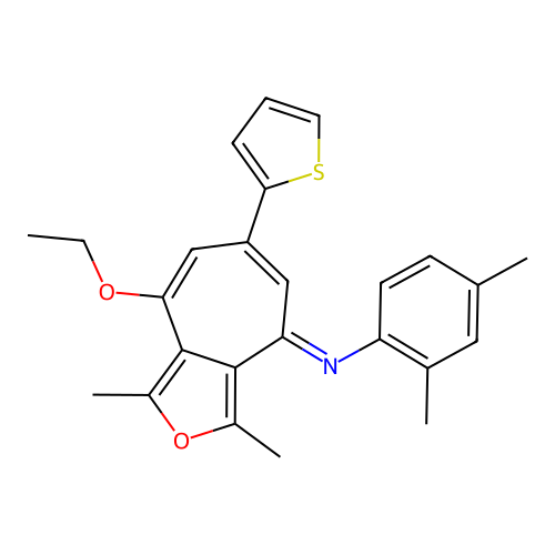 (E)-N-(8-ethoxy-1,3-dimethyl-6-(thiophen-2-yl)-4H-cyclohepta[c]furan-4-ylidene)-2,4-dimethylaniline structure