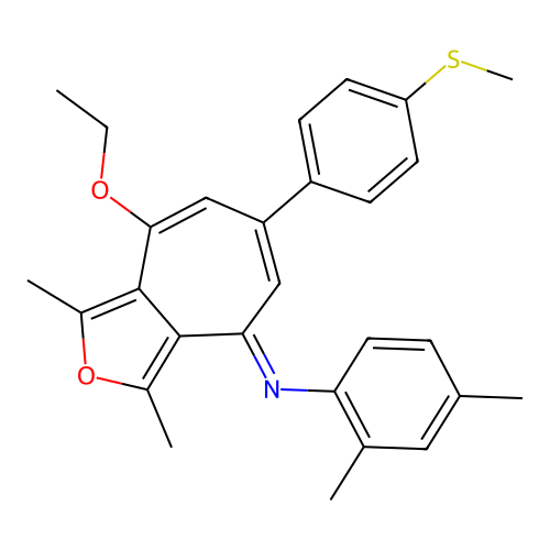 (E)-N-(8-ethoxy-1,3-dimethyl-6-(4-(methylthio)phenyl)-4H-cyclohepta[c]furan-4-ylidene)-2,4-dimethylaniline structure
