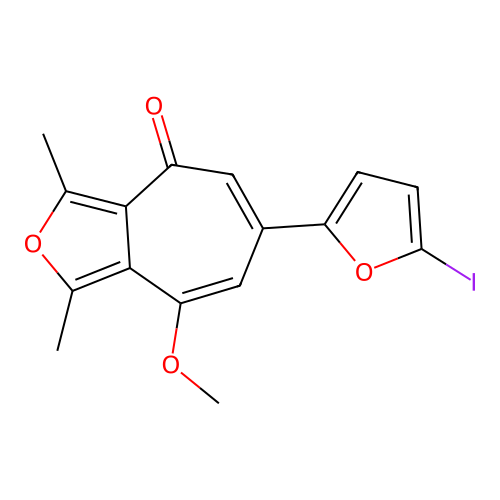6-(5-iodofuran-2-yl)-8-methoxy-1,3-dimethyl-4H-cyclohepta[c]furan-4-one structure