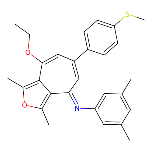 (E)-N-(8-ethoxy-1,3-dimethyl-6-(4-(methylthio)phenyl)-4H-cyclohepta[c]furan-4-ylidene)-3,5-dimethylaniline structure