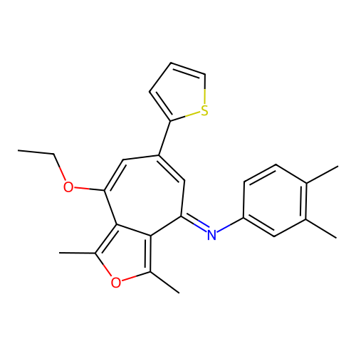 (E)-N-(8-ethoxy-1,3-dimethyl-6-(thiophen-2-yl)-4H-cyclohepta[c]furan-4-ylidene)-3,4-dimethylaniline structure