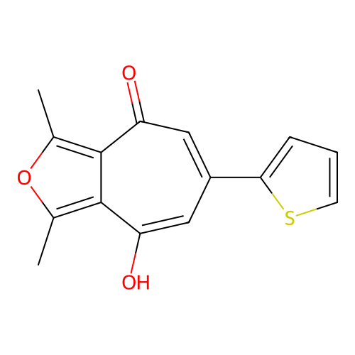 8-hydroxy-1,3-dimethyl-6-(thiophen-2-yl)-4H-cyclohepta[c]furan-4-one structure